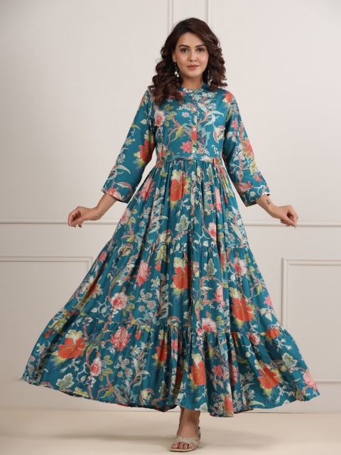 

JISORA Women Blue & Orange Floral Printed Tiered Maxi Dress