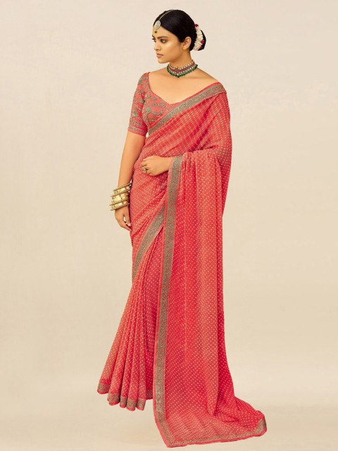 

Mitera Pink & White Embroidered Pure Georgette Bandhani Saree
