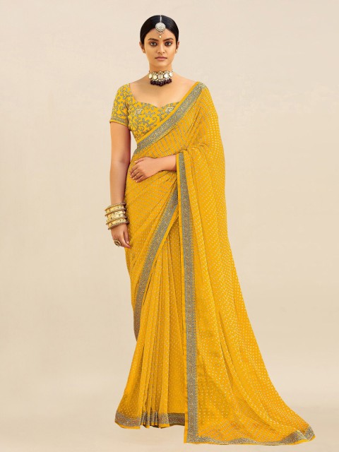 

Mitera Yellow & White Embroidered Pure Georgette Bandhani Saree