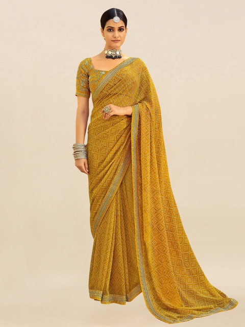 

Mitera Mustard & White Embroidered Pure Georgette Bandhani Saree