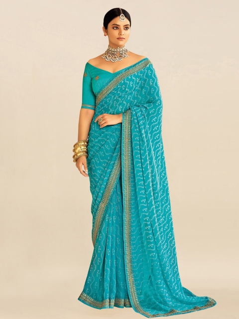

Mitera Turquoise Blue & Gold-Toned Embroidered Pure Georgette Bandhani Saree