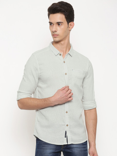 

Slub Men Off-White Regular Fit Self Design Casual Shirt