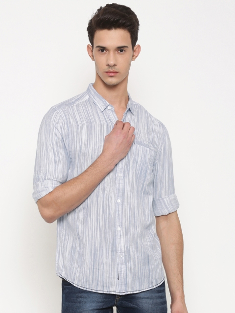 

Slub Men Blue & White Regular Fit Striped Casual Shirt