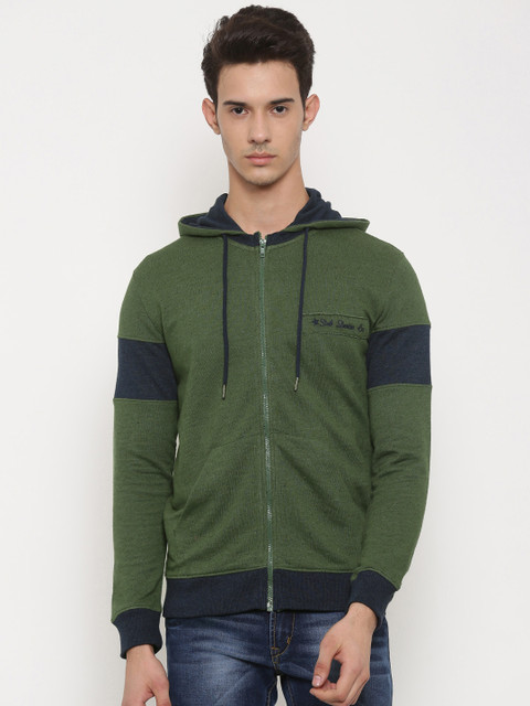 

Slub Men Olive Green Solid Hooded Sweatshirt