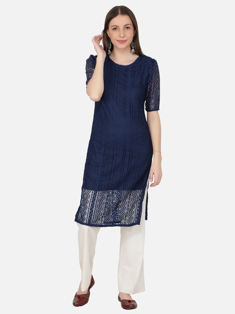 

NUEVOSDAMAS Women Navy Blue Straight Kurta