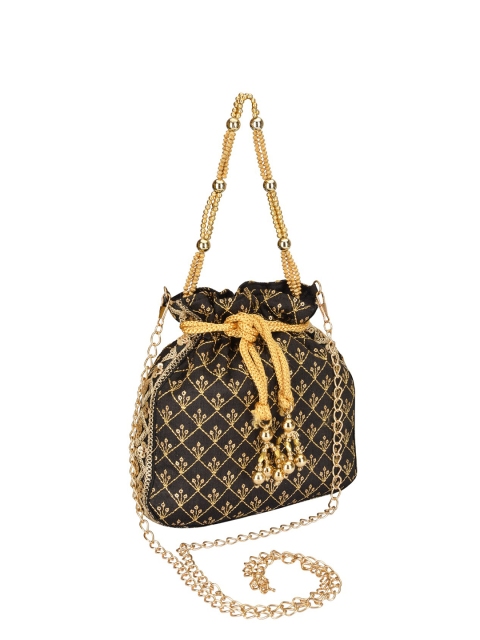 

INAAYA Women Black & Gold-Toned Embroidered Potli Clutch