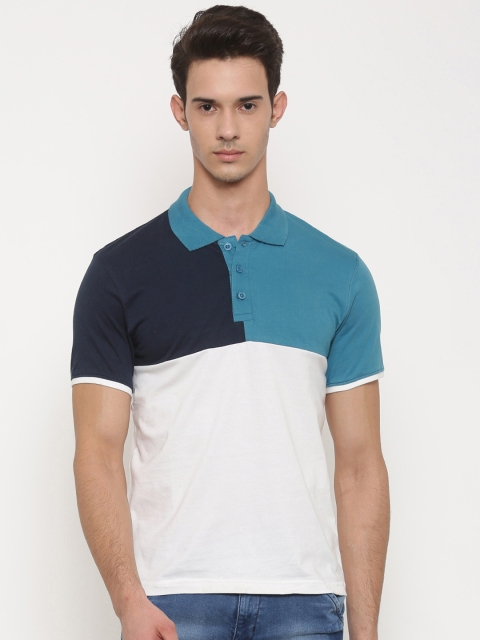 

Slub Men White Colourblocked & Blue Polo T-Shirt