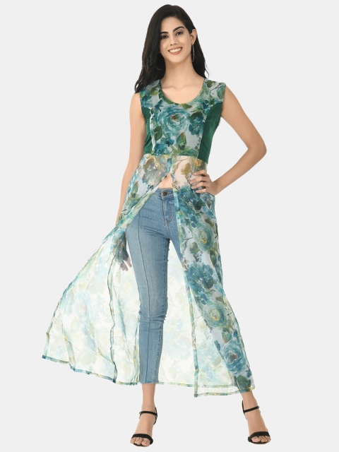 

IQRA FASHION Green Floral Linen Crepe Sheer Maxi Dress