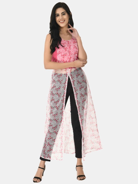 

IQRA FASHION Women Pink Floral Print Linen Longline Top