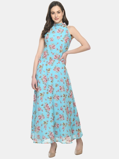 

IQRA FASHION Women Blue Floral Sleeveless Georgette Maxi Dress