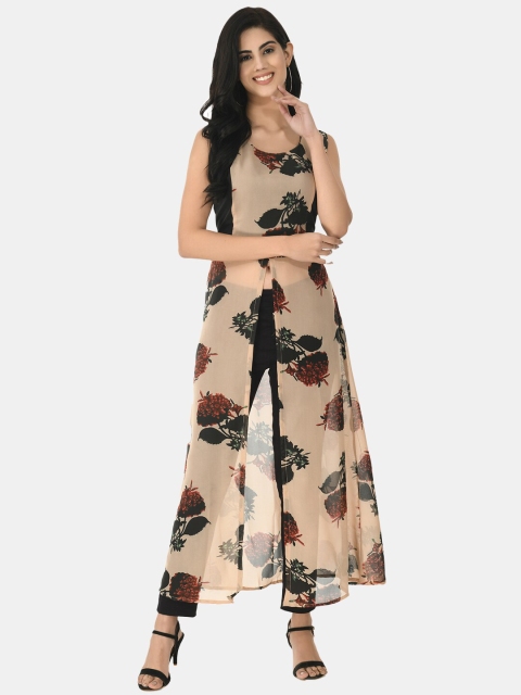 

IQRA FASHION Women Beige & Black Floral Printed Floral Kurta With High Slit