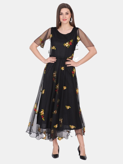 

IQRA FASHION Women Black Floral Embroidered Net Maxi Dress
