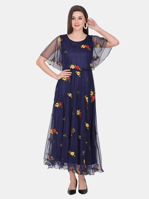 

IQRA FASHION Women Navy Blue Floral Embroidered Net Maxi Dress