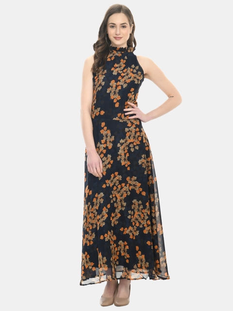 

IQRA FASHION Women Black & Orange Floral Printed Georgette Maxi Dress