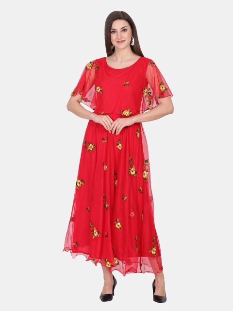 

IQRA FASHION Women Red Floral Net Maxi Dress