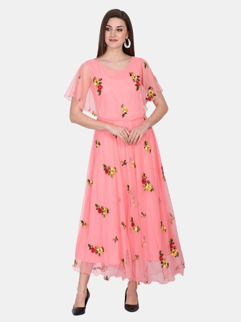 

IQRA FASHION Women Pink Floral Embroidered Net Maxi Dress