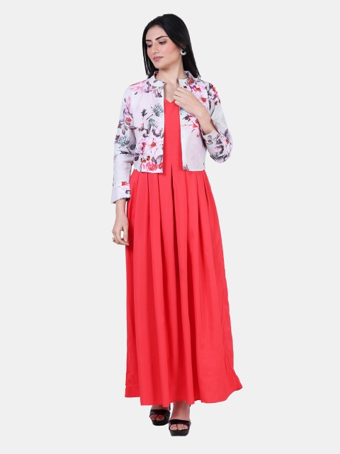 

IQRA FASHION White & Red Floral Linen Crepe Maxi Dress