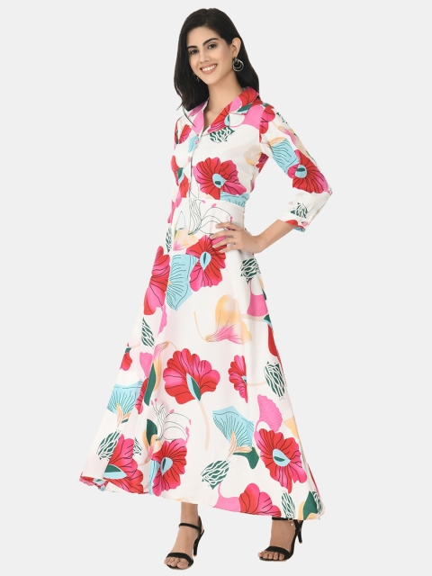 

IQRA FASHION Women White & Pink Floral Printed Linen A-Line Maxi Dress