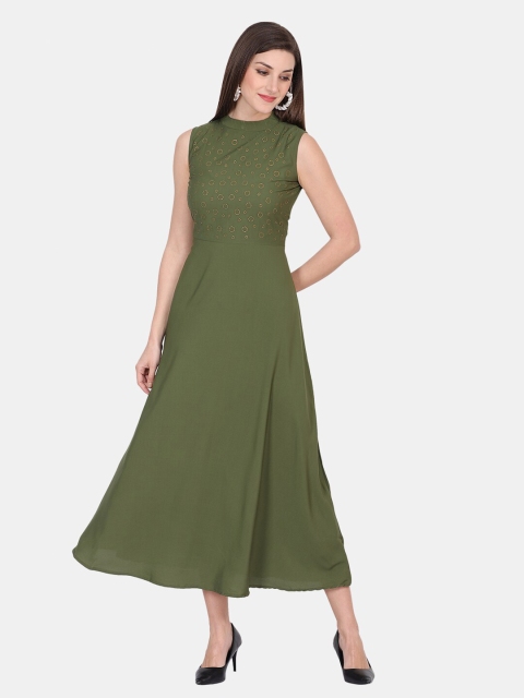

IQRA FASHION Women Choker Neck Crepe Formal Maxi Dress, Olive