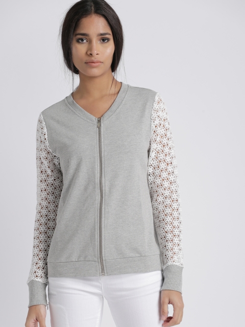 

Chemistry Women Grey Solid Sweatshirt with Lace Sleeves
