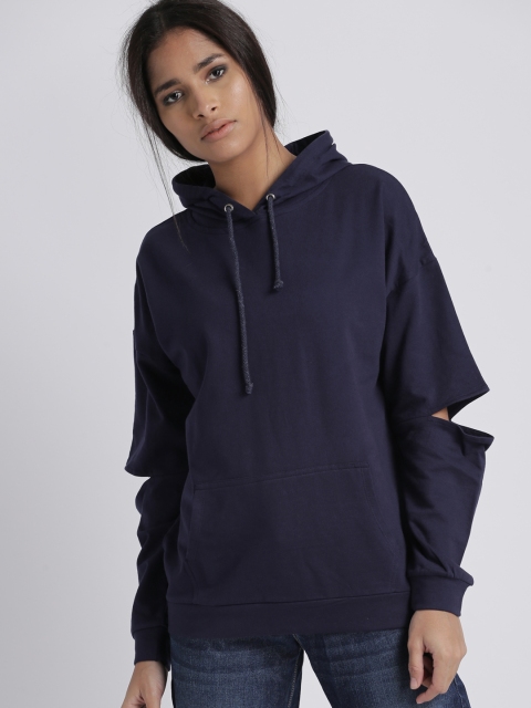 

Chemistry Women Navy Blue Hooded Sweatshirt with Slash Elbows