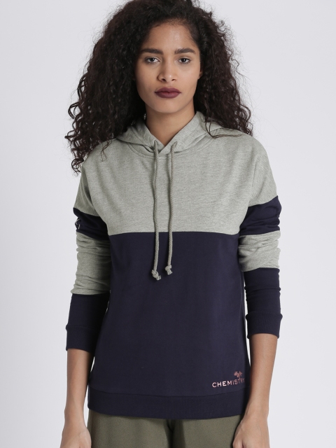 

Chemistry Women Navy Blue & Grey Colourblocked Hooded Sweatshirt