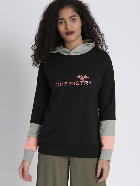 

Chemistry Women Black Solid Hooded Sweatshirt