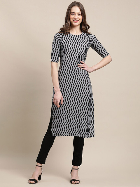 

7Threads Women Pack of 6 Geometric Printed Crepe Kurtas, Black