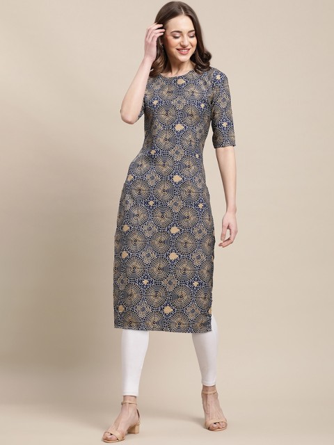 

7Threads Women Pack of 6 Blue & Black Ethnic Motifs Printed Crepe Kurta