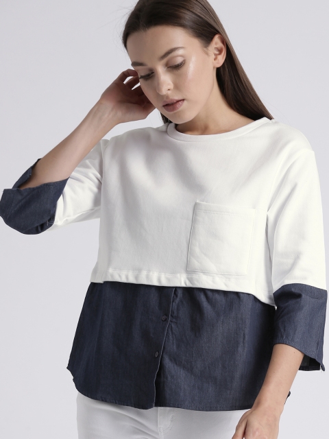 

Chemistry Women White & Blue Colourblocked Pure Cotton Top