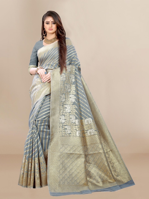 

VAIRAGEE Grey & Gold-Toned Striped Zari Silk Blend Fusion Chanderi Saree