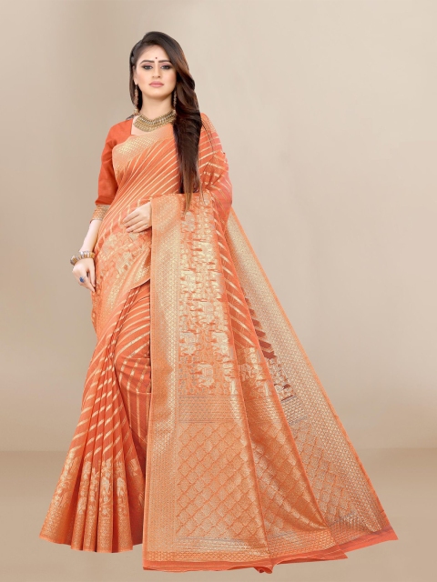 

VAIRAGEE Orange & Gold-Toned Woven Design Zari Silk Blend Fusion Chanderi Saree