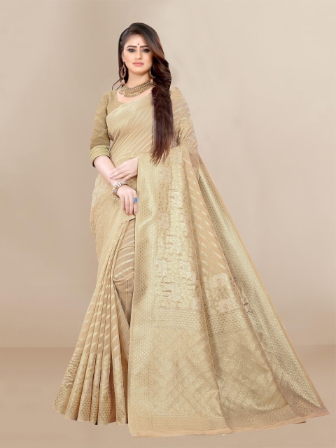 

VAIRAGEE Cream-Coloured & Gold-Toned Woven Design Zari Silk Blend Fusion Chanderi Saree