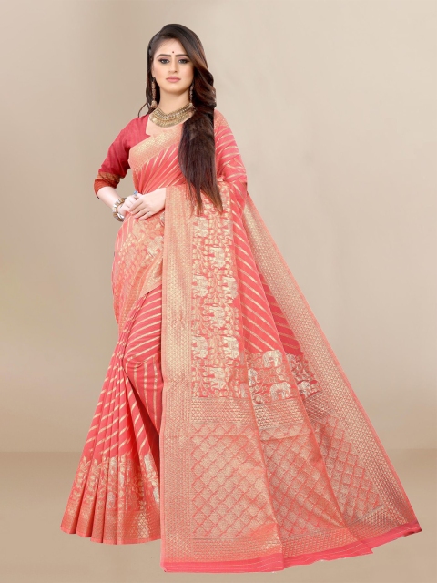 

VAIRAGEE Pink & Gold-Toned Woven Design Zari Silk Blend Fusion Chanderi Saree