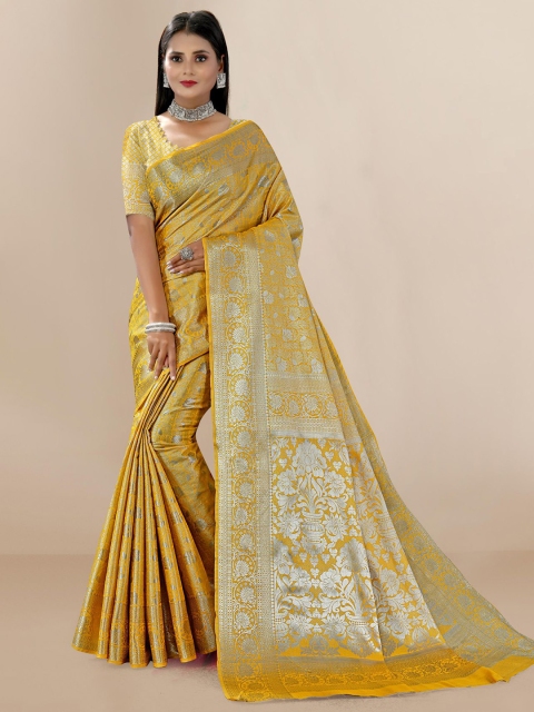 

VAIRAGEE Mustard & Silver-Toned Woven Design Zari Silk Blend Saree