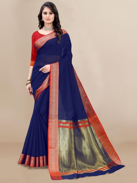 

VAIRAGEE Navy Blue & Red Zari Silk Cotton Saree
