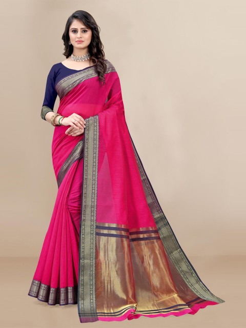 

VAIRAGEE Pink & Blue Zari Silk Cotton Saree