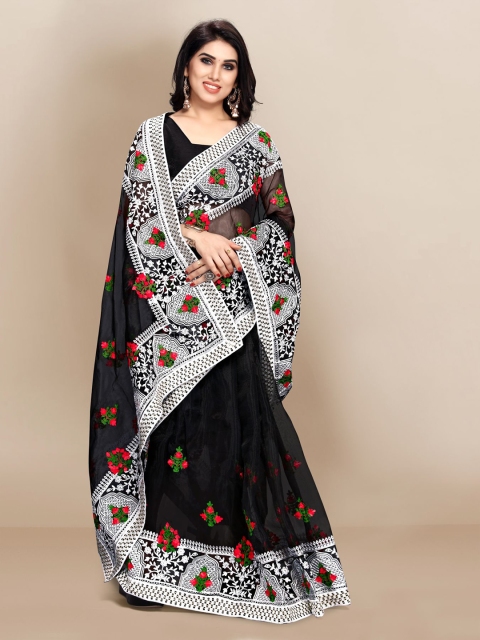 

VAIRAGEE Black & White Floral Embroidered Organza Saree