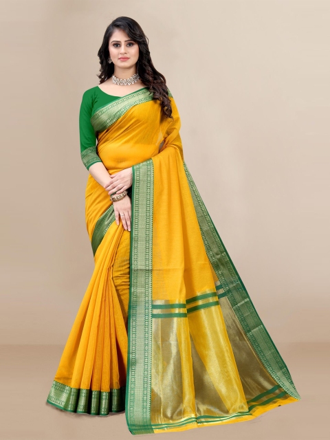 

VAIRAGEE Yellow & Green Zari Silk Cotton Saree