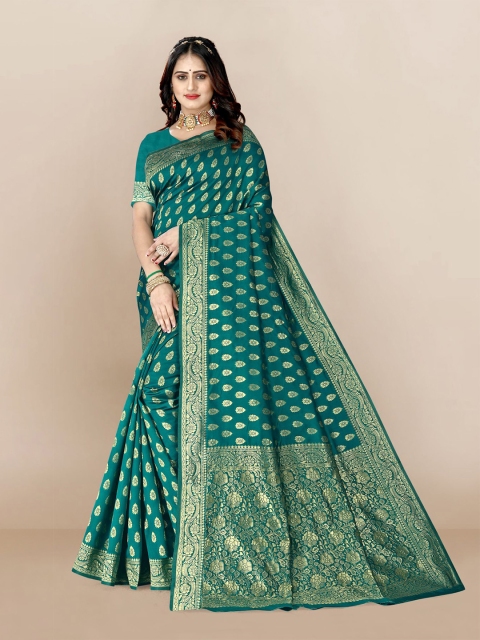 

VAIRAGEE Teal & Gold-Toned Woven Design Zari Silk Blend Saree