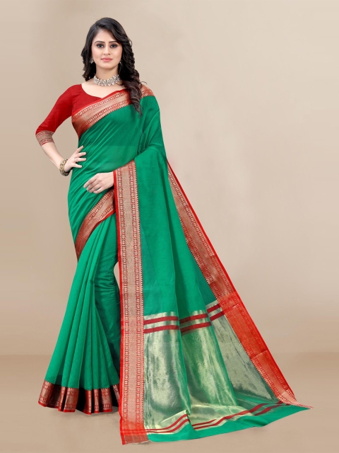 

VAIRAGEE Green & Red Zari Silk Cotton Saree