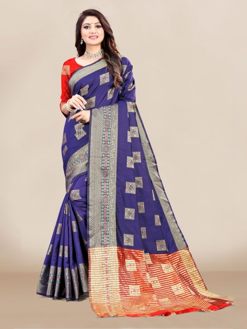 

VAIRAGEE Blue & Orange Woven Design Zari Silk Blend Saree
