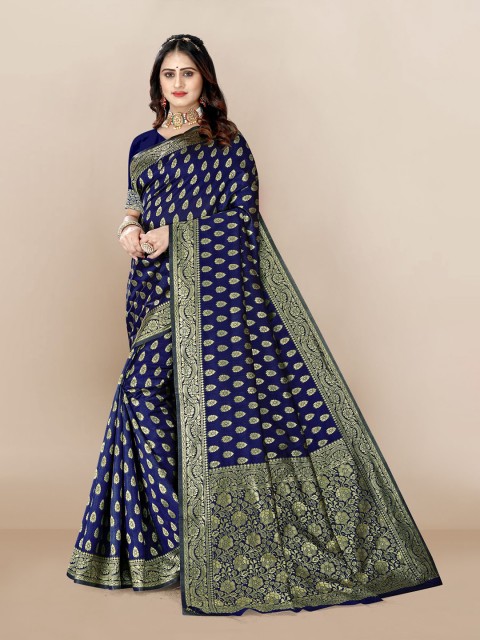 

VAIRAGEE Blue & Gold-Toned Ethnic Motifs Zari Silk Blend Kanjeevaram Saree