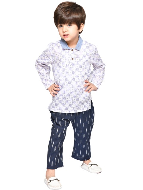 

Tiny Bunnies Boys White & Blue Printed Pure Cotton Clothing Set