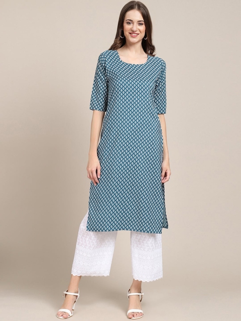 

7Threads Women Pack Of 6 Ethnic Motifs Printed Crepe Kurtas, Blue