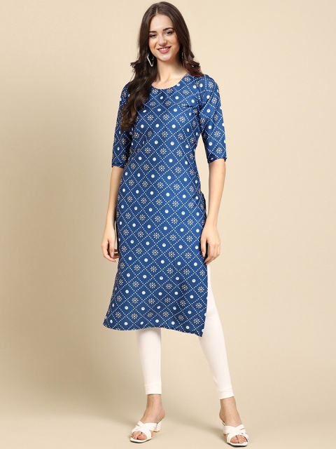 

7Threads Women Pack Of 6 Ethnic Motifs Printed Crepe Kurtas, Blue
