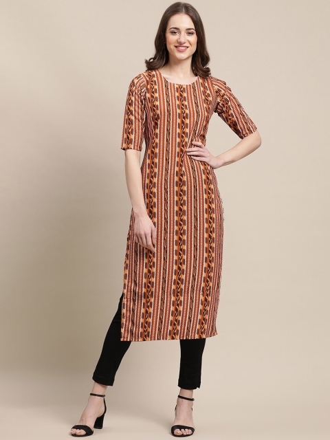 

7Threads Women Pack Of 6 Ethnic Motifs Printed Crepe Kurta, Brown