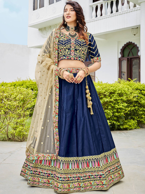 

FABPIXEL Blue & Pink Embroidered Sequinned Semi-Stitched Lehenga & Unstitched Blouse With Dupatta