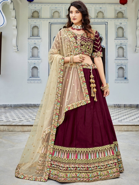 

FABPIXEL Maroon & Gold-Toned Embroidered Sequinned Semi-Stitched Lehenga & Unstitched Blouse With Dupatta