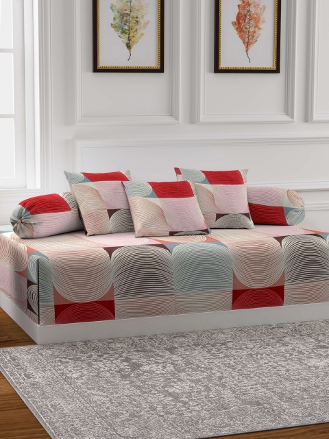 

Arrabi Set Of 6 Red & Grey Geometric Printed Cotton Blend Diwan Set